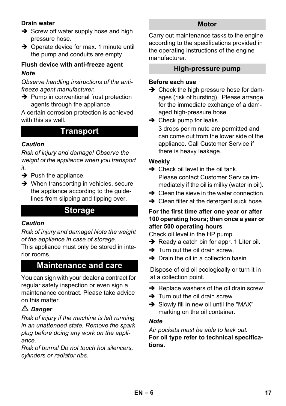 Transport storage maintenance and care | Karcher HD 830 BS User Manual | Page 17 / 220