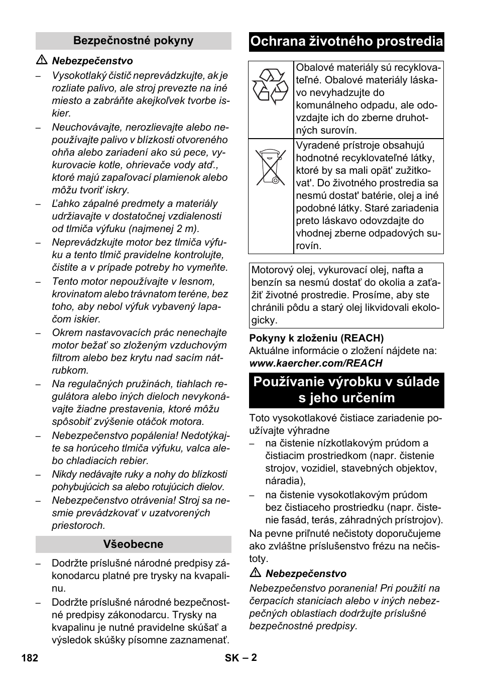 Ochrana životného prostredia, Používanie výrobku v súlade s jeho určením | Karcher HD 830 BS User Manual | Page 182 / 220