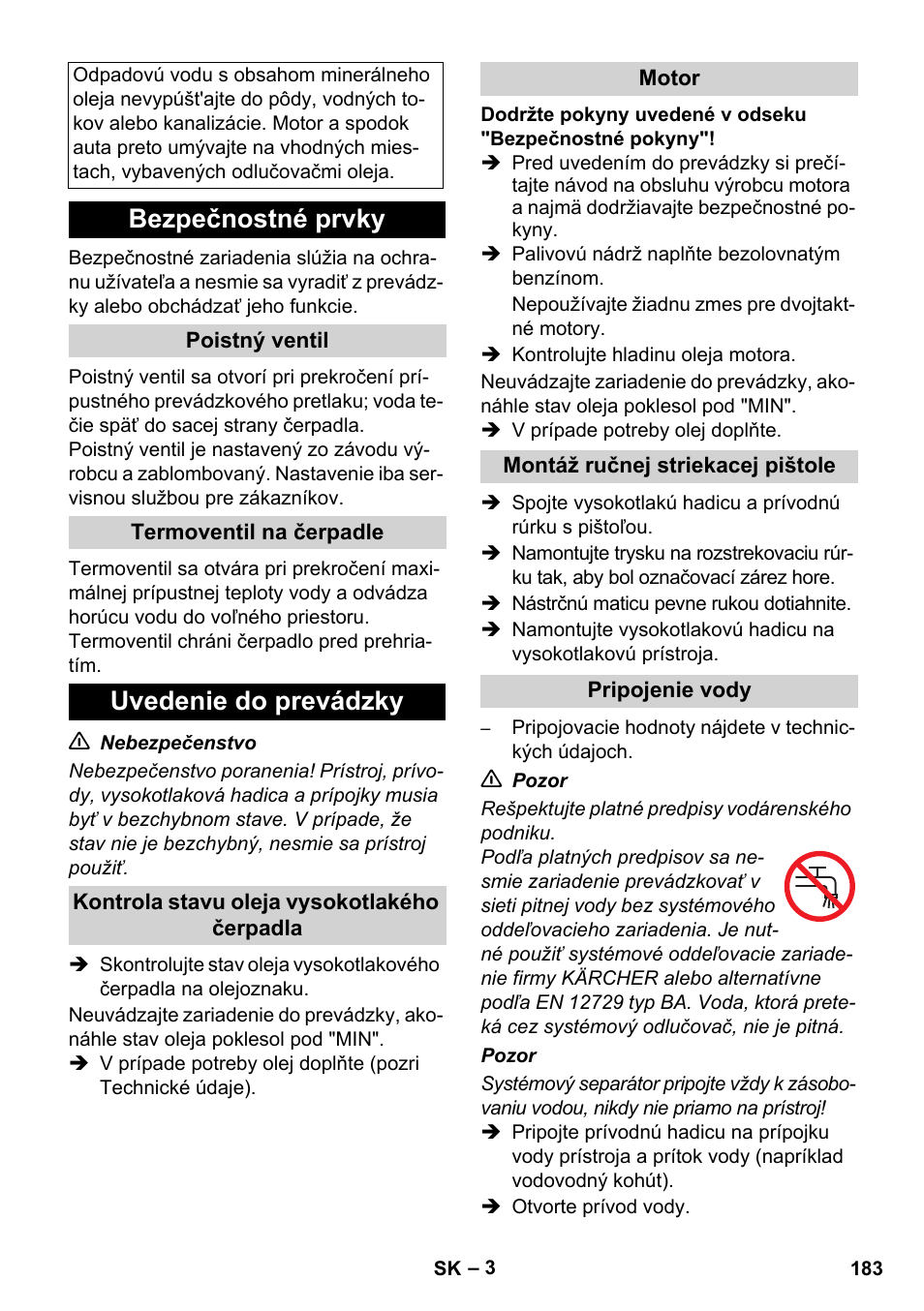 Bezpečnostné prvky, Uvedenie do prevádzky | Karcher HD 830 BS User Manual | Page 183 / 220