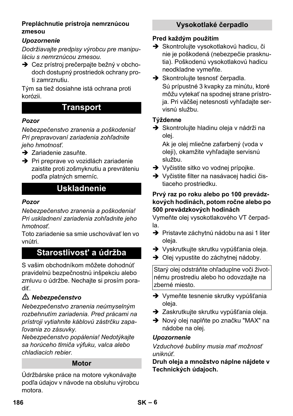 Transport uskladnenie starostlivost' a údržba | Karcher HD 830 BS User Manual | Page 186 / 220