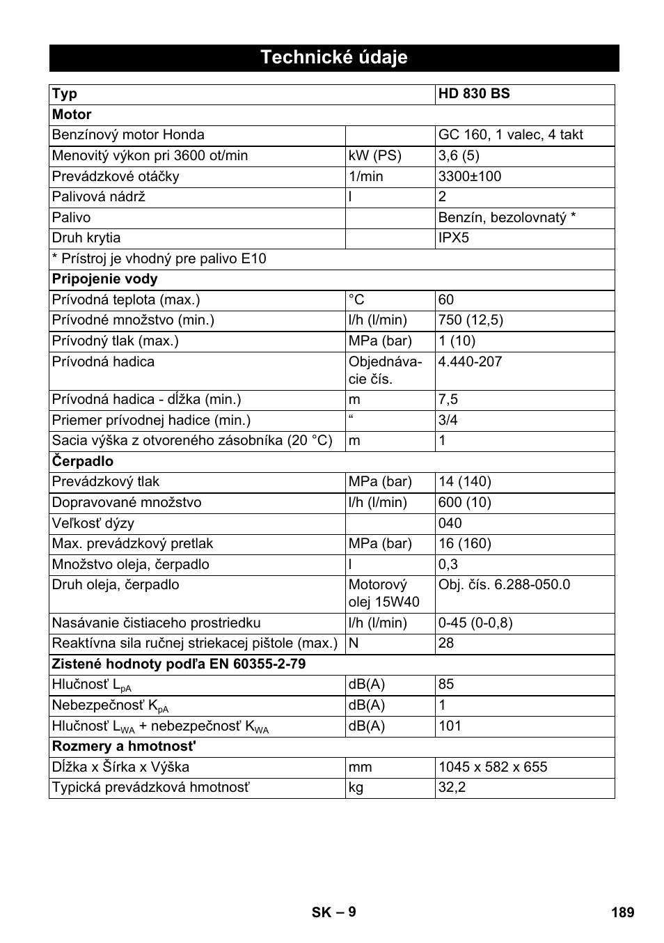 Technické údaje | Karcher HD 830 BS User Manual | Page 189 / 220