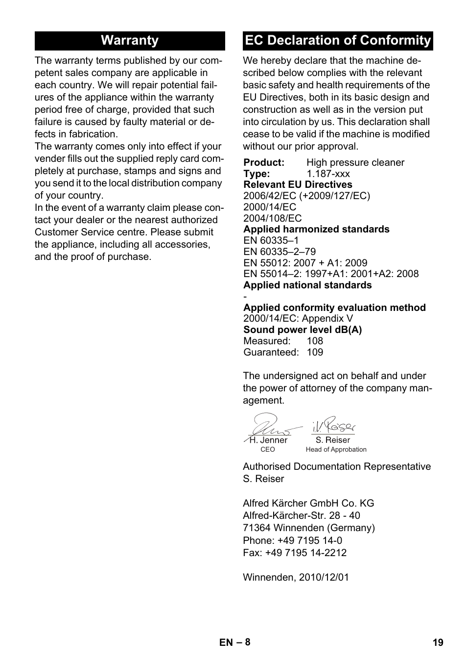 Warranty ec declaration of conformity | Karcher HD 830 BS User Manual | Page 19 / 220