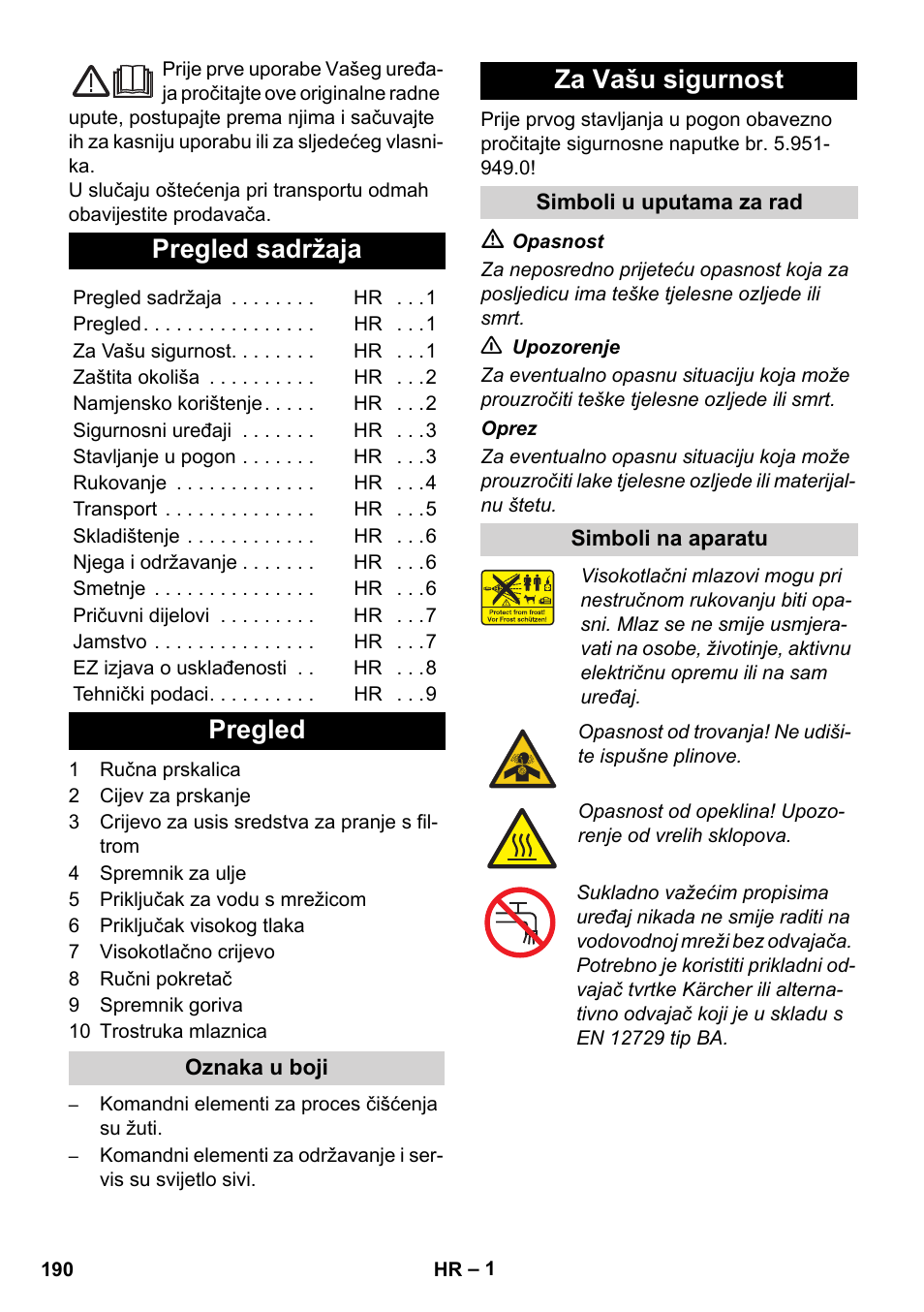 Hrvatski, Pregled sadržaja, Pregled | Za vašu sigurnost | Karcher HD 830 BS User Manual | Page 190 / 220