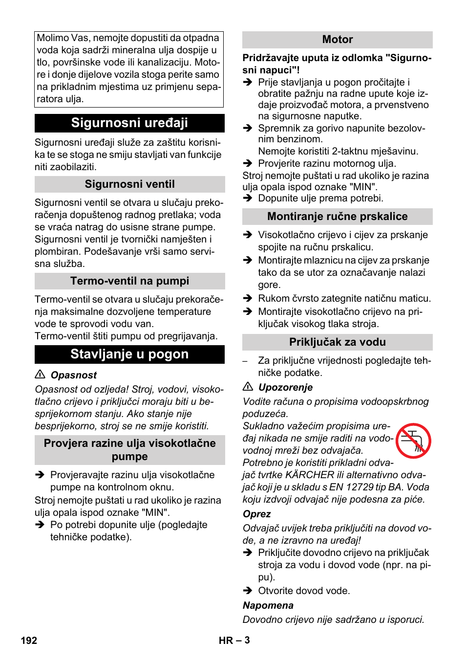 Sigurnosni uređaji, Stavljanje u pogon | Karcher HD 830 BS User Manual | Page 192 / 220