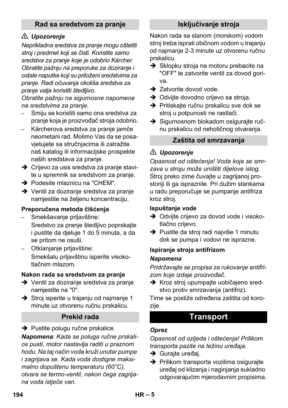 Transport | Karcher HD 830 BS User Manual | Page 194 / 220