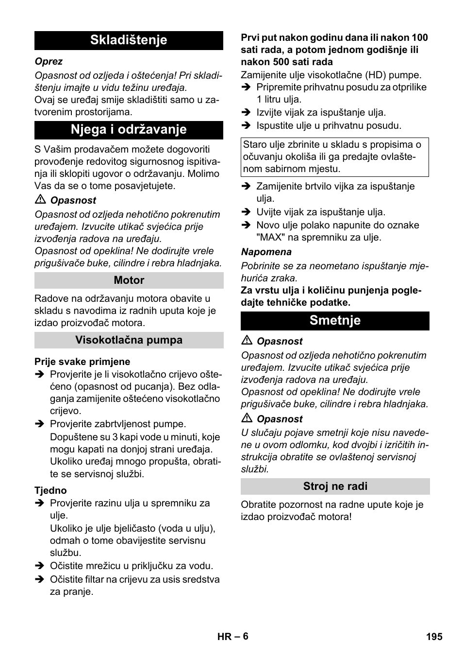 Skladištenje njega i održavanje, Smetnje | Karcher HD 830 BS User Manual | Page 195 / 220