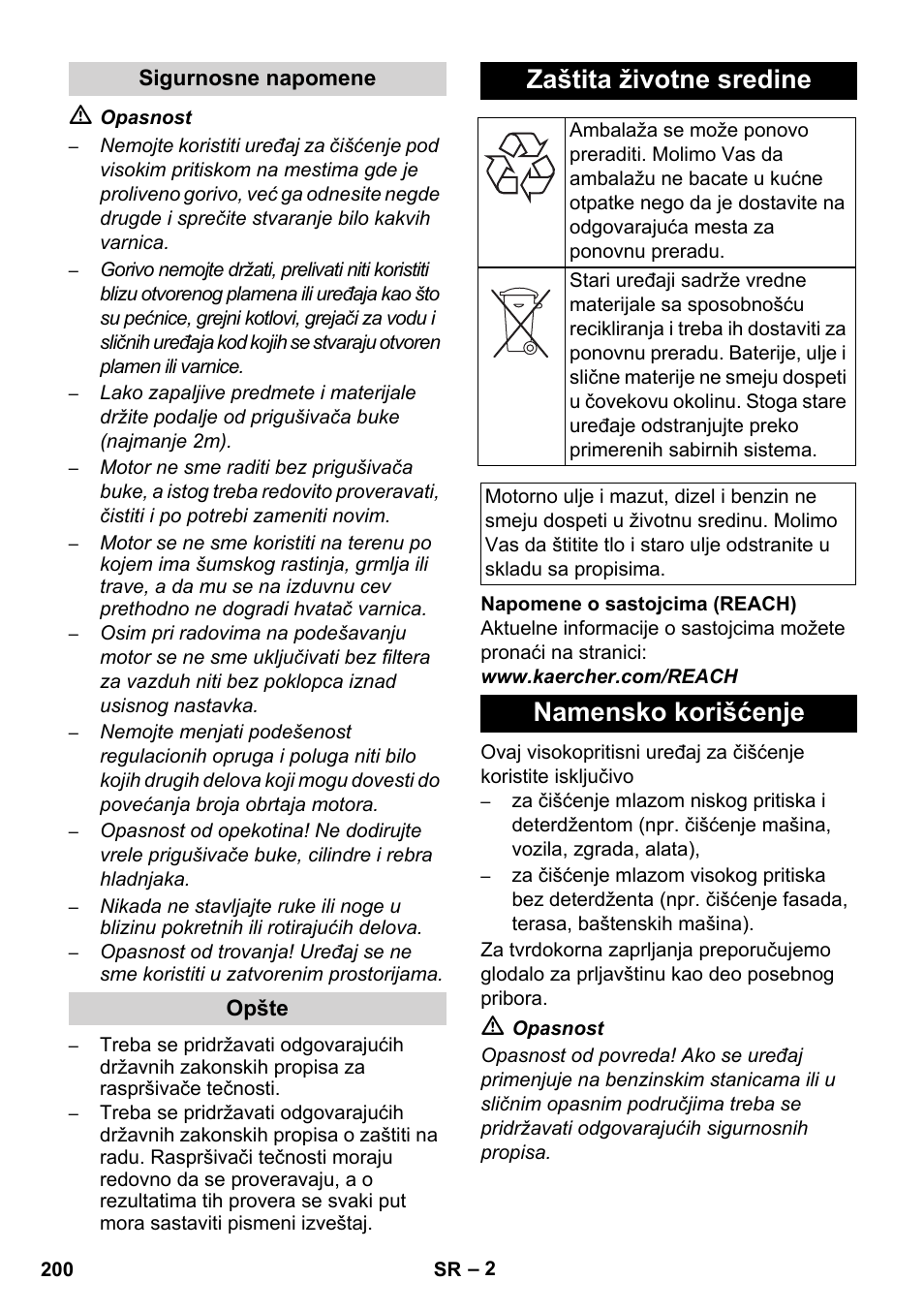 Zaštita životne sredine, Namensko korišćenje | Karcher HD 830 BS User Manual | Page 200 / 220