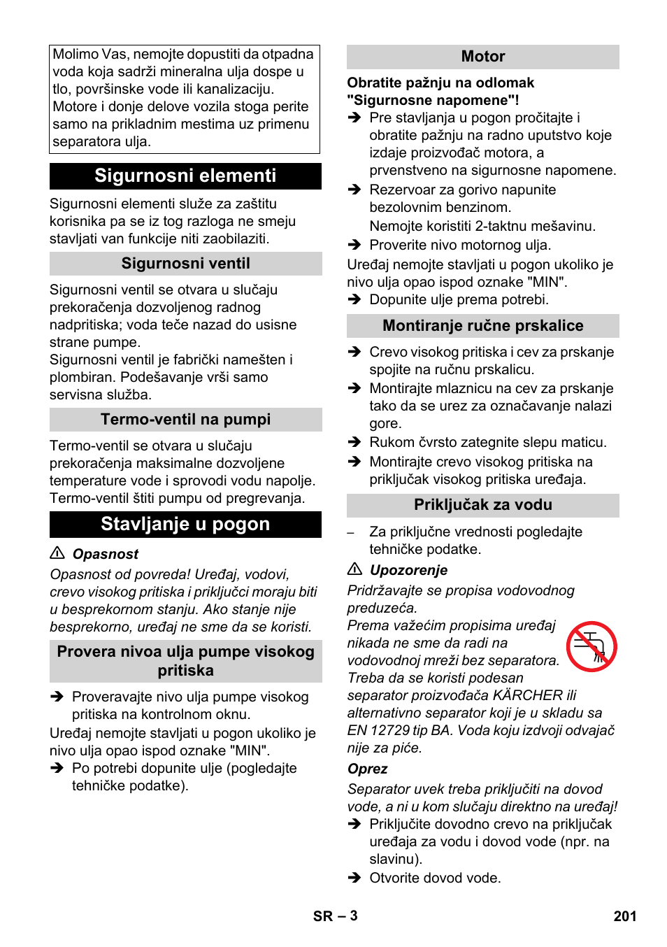 Sigurnosni elementi, Stavljanje u pogon | Karcher HD 830 BS User Manual | Page 201 / 220