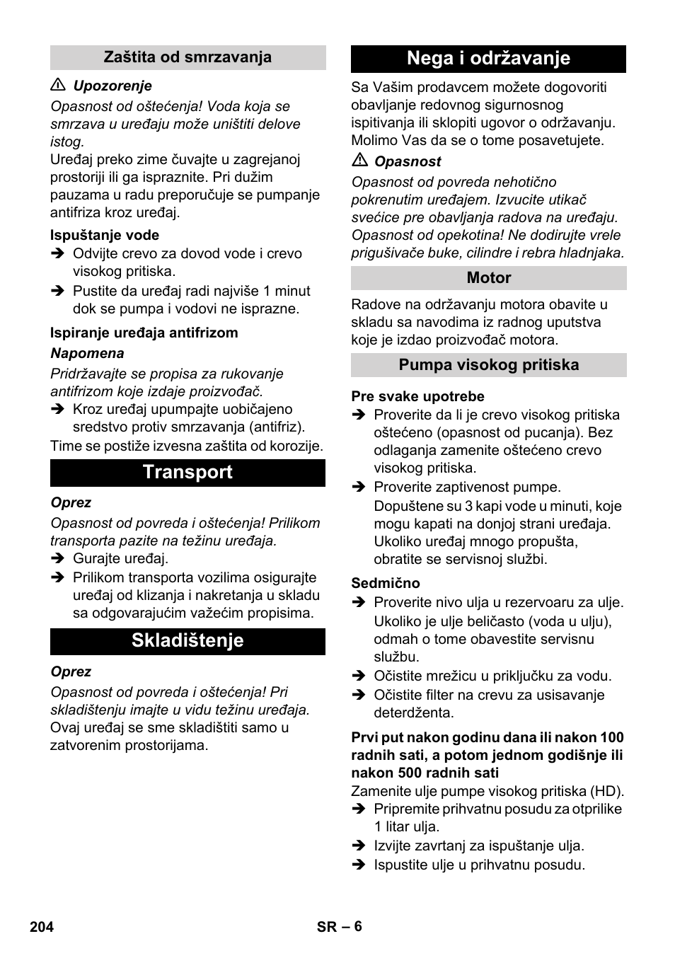 Transport skladištenje nega i održavanje | Karcher HD 830 BS User Manual | Page 204 / 220