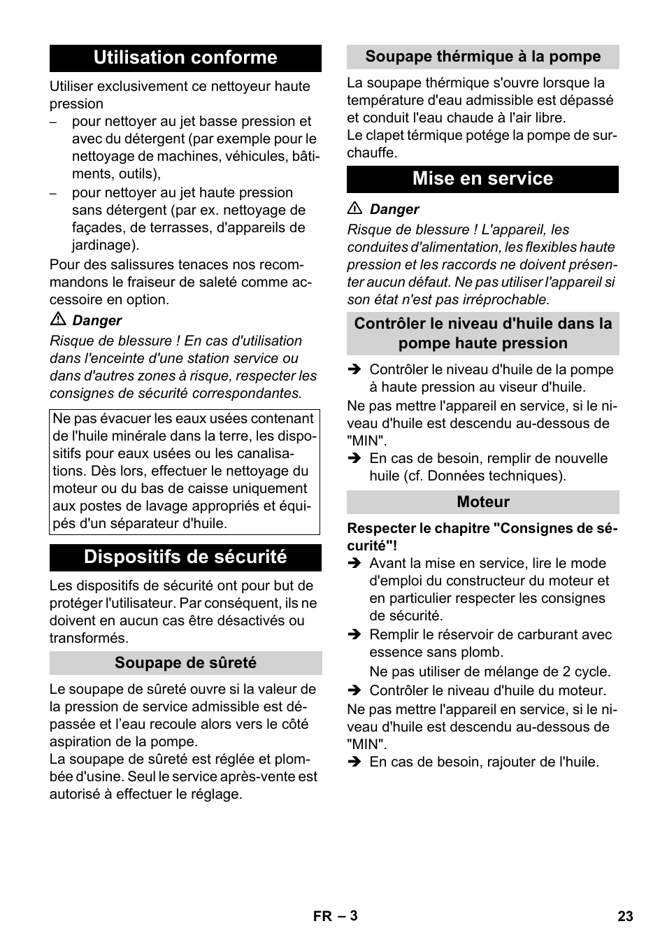 Utilisation conforme, Dispositifs de sécurité, Mise en service | Karcher HD 830 BS User Manual | Page 23 / 220