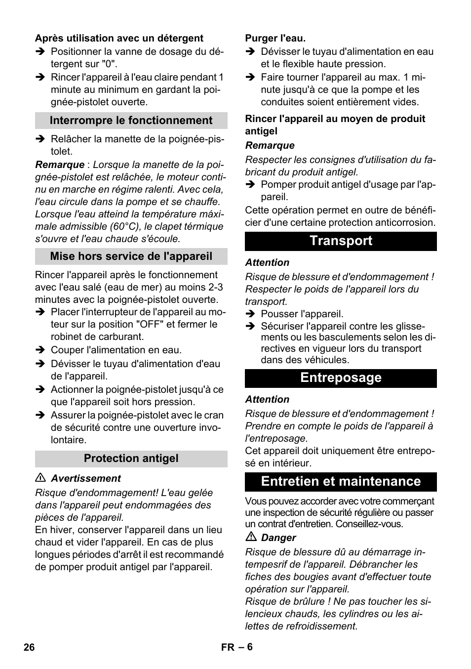 Transport entreposage entretien et maintenance | Karcher HD 830 BS User Manual | Page 26 / 220