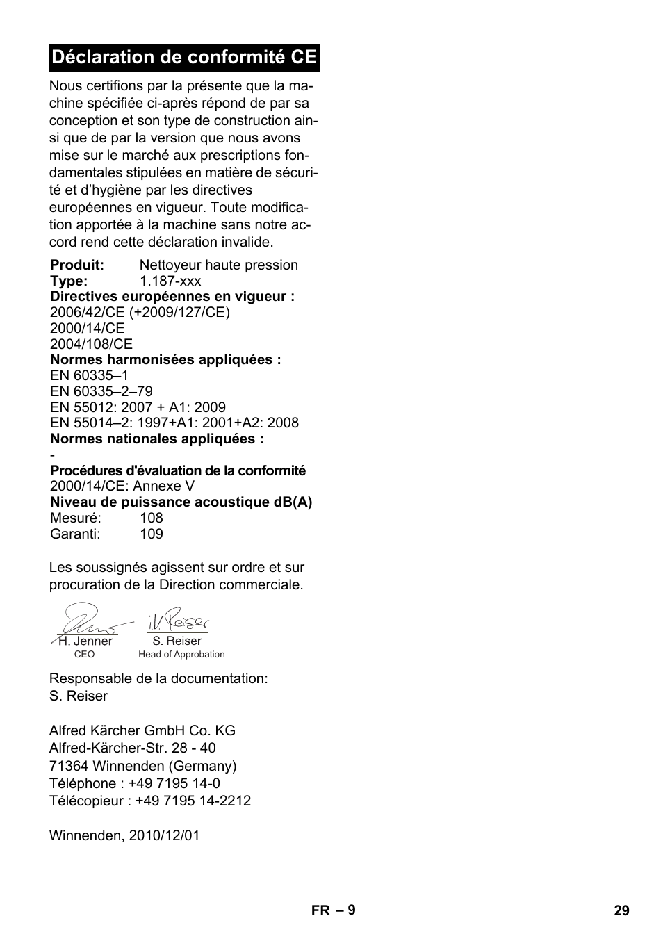 Déclaration de conformité ce | Karcher HD 830 BS User Manual | Page 29 / 220