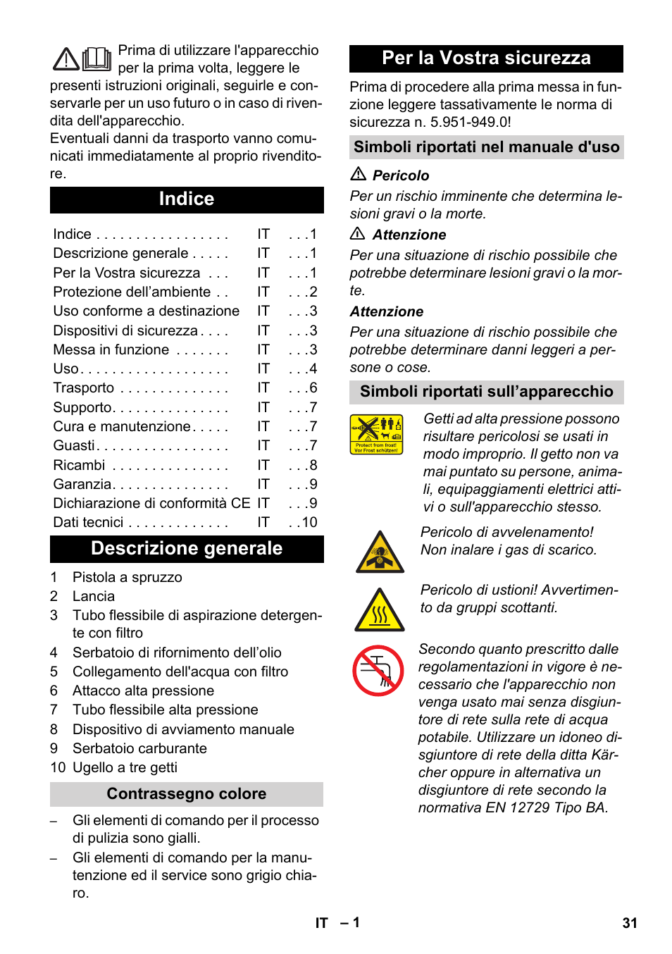 Italiano, Indice, Descrizione generale | Per la vostra sicurezza | Karcher HD 830 BS User Manual | Page 31 / 220