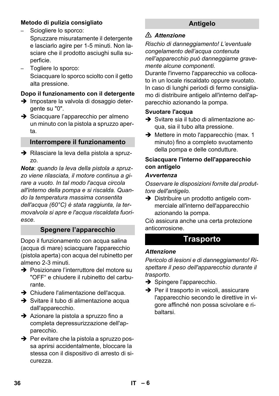 Trasporto | Karcher HD 830 BS User Manual | Page 36 / 220