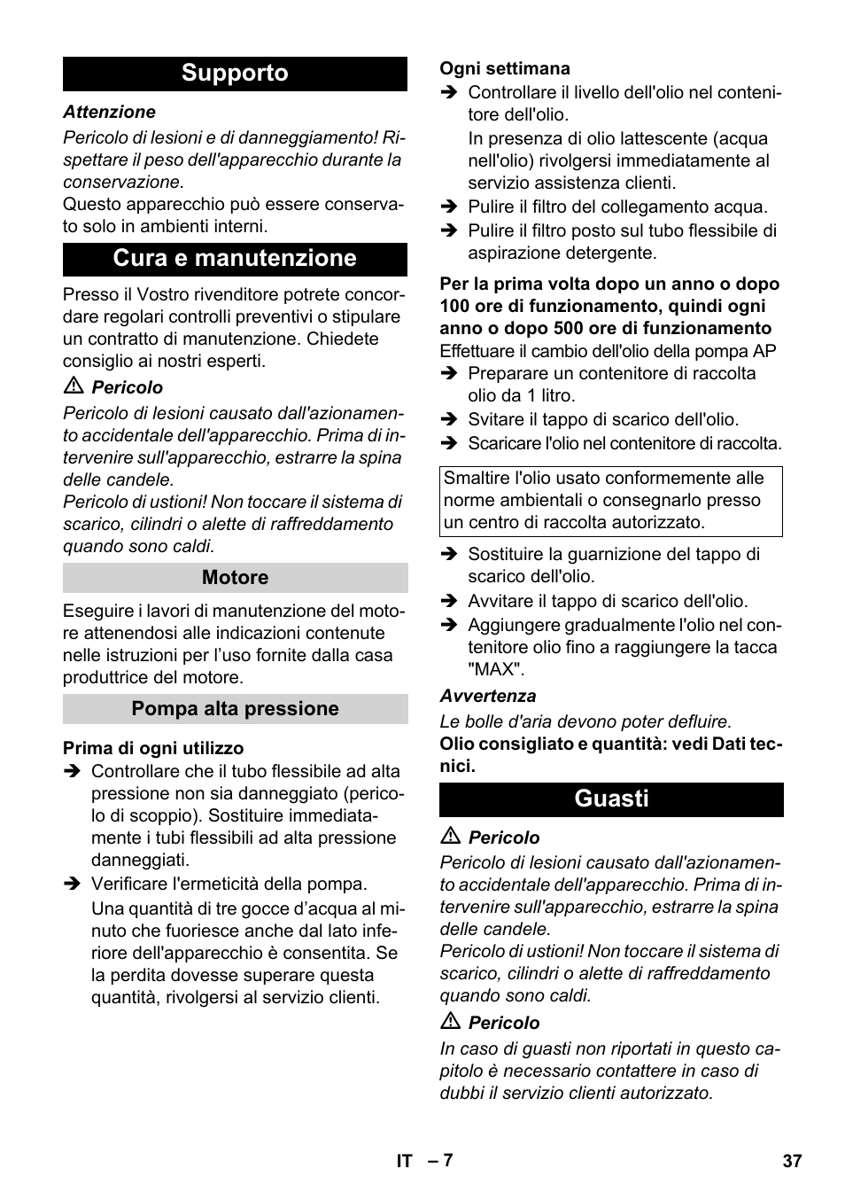 Supporto cura e manutenzione, Guasti | Karcher HD 830 BS User Manual | Page 37 / 220