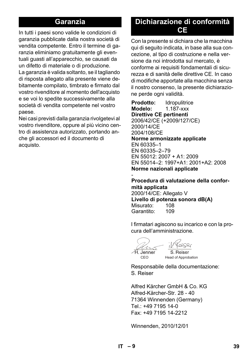 Garanzia dichiarazione di conformità ce | Karcher HD 830 BS User Manual | Page 39 / 220