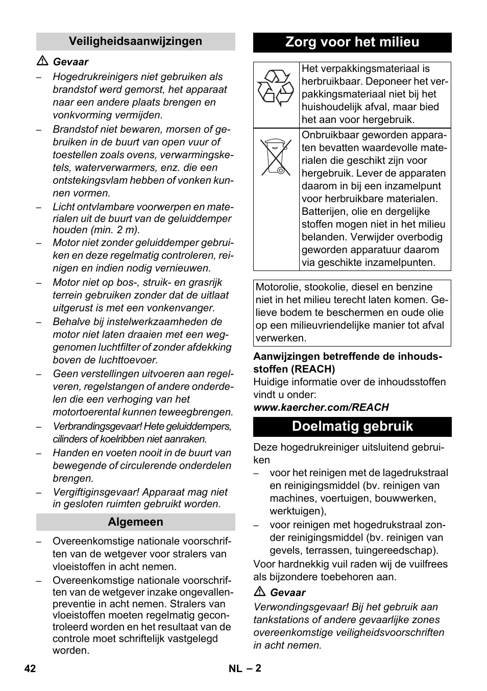 Zorg voor het milieu, Doelmatig gebruik | Karcher HD 830 BS User Manual | Page 42 / 220