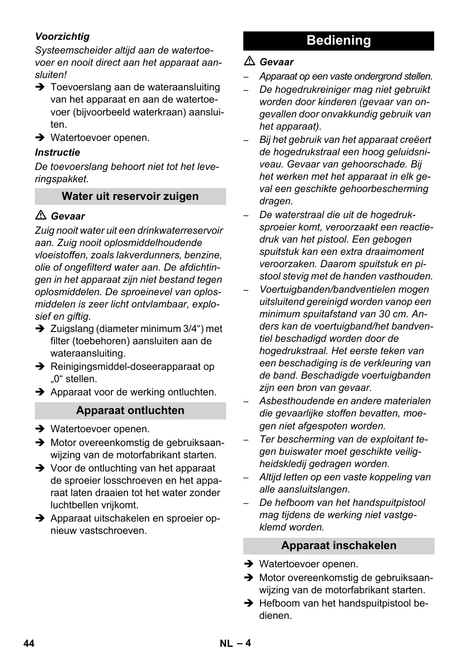 Bediening | Karcher HD 830 BS User Manual | Page 44 / 220