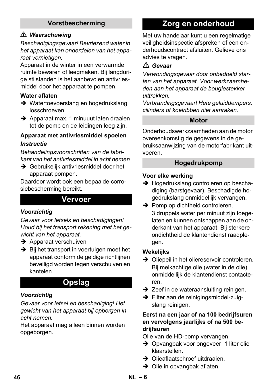 Vervoer opslag zorg en onderhoud | Karcher HD 830 BS User Manual | Page 46 / 220