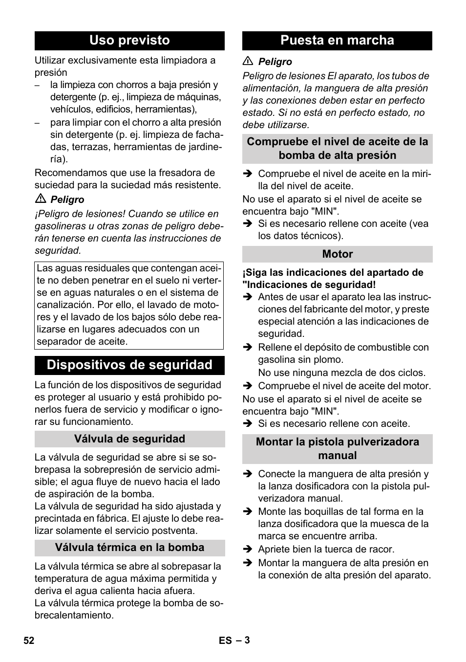 Uso previsto, Dispositivos de seguridad, Puesta en marcha | Karcher HD 830 BS User Manual | Page 52 / 220