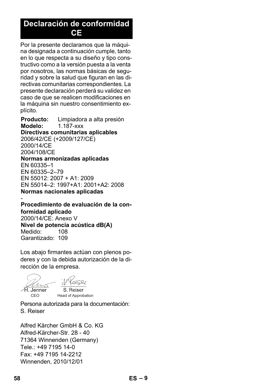 Declaración de conformidad ce | Karcher HD 830 BS User Manual | Page 58 / 220