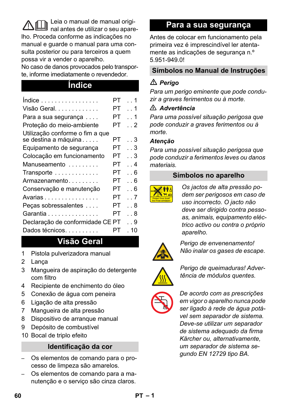 Português, Índice, Visão geral | Para a sua segurança | Karcher HD 830 BS User Manual | Page 60 / 220