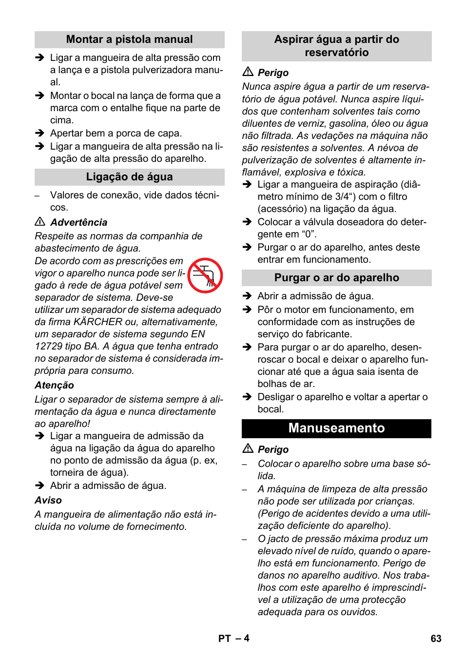 Manuseamento | Karcher HD 830 BS User Manual | Page 63 / 220