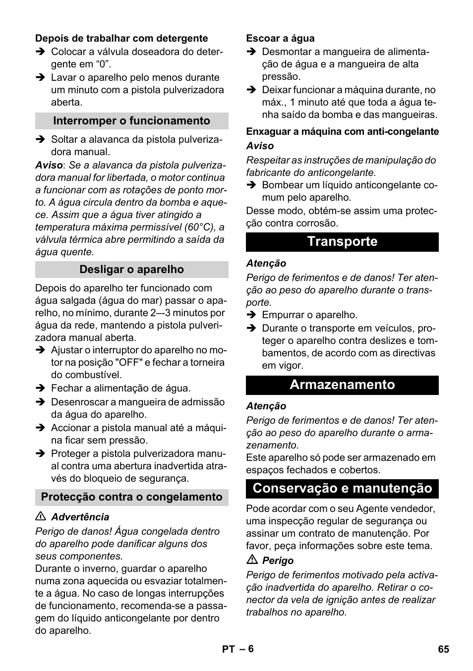 Transporte armazenamento conservação e manutenção | Karcher HD 830 BS User Manual | Page 65 / 220