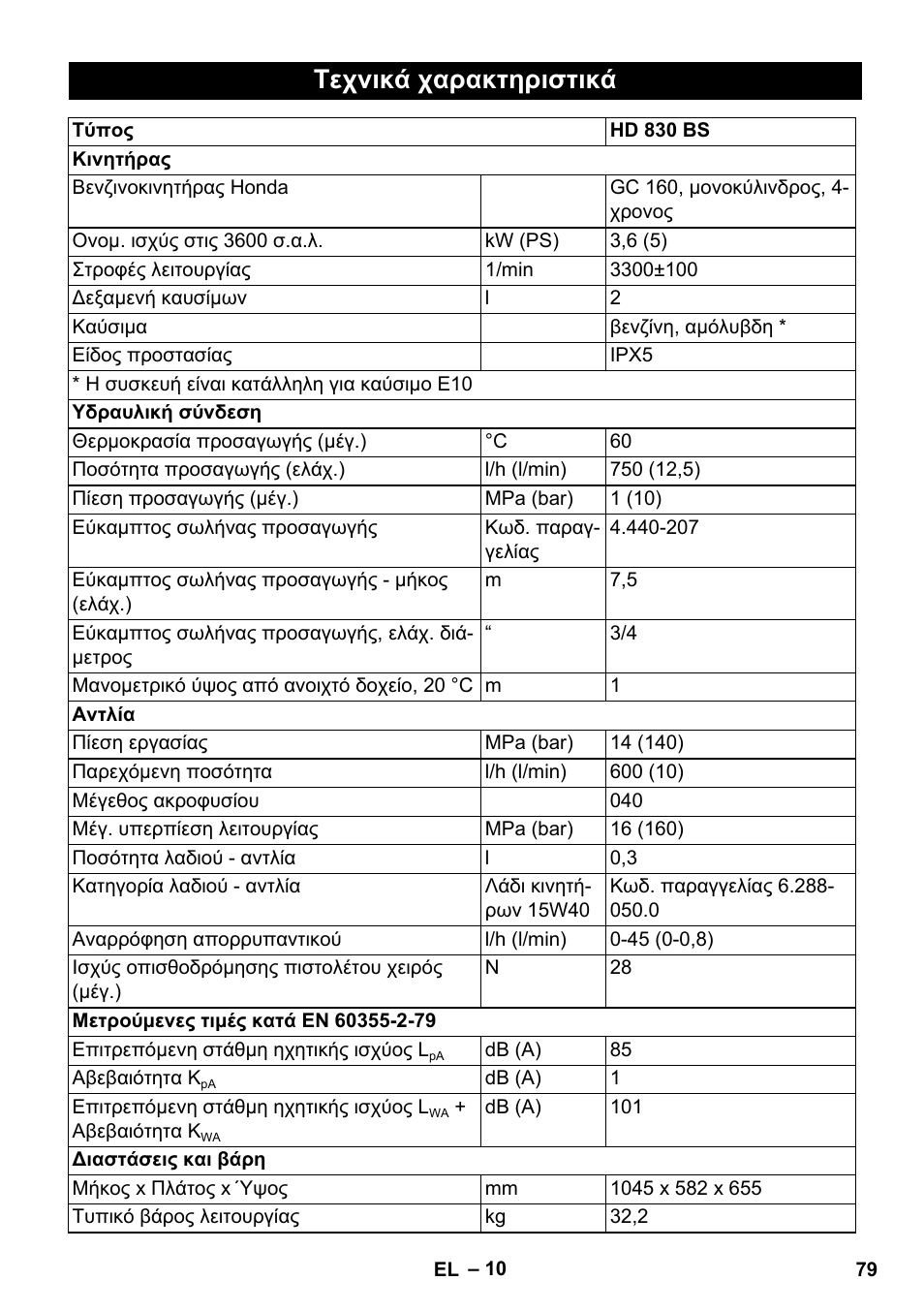 Τεχνικά χαρακτηριστικά | Karcher HD 830 BS User Manual | Page 79 / 220