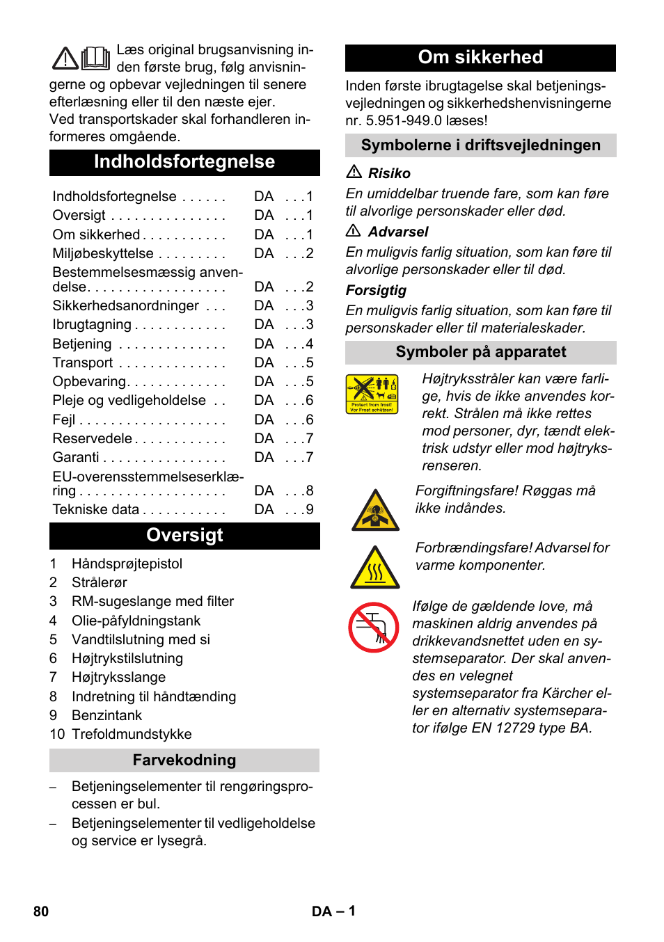 Dansk, Indholdsfortegnelse, Oversigt | Om sikkerhed | Karcher HD 830 BS User Manual | Page 80 / 220