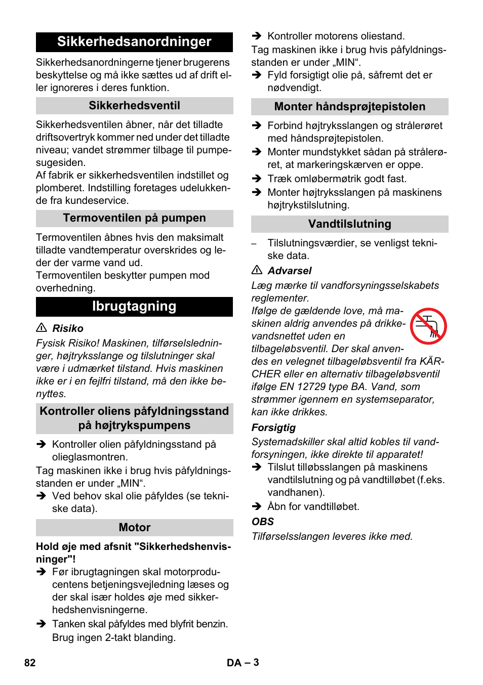 Sikkerhedsanordninger, Ibrugtagning | Karcher HD 830 BS User Manual | Page 82 / 220