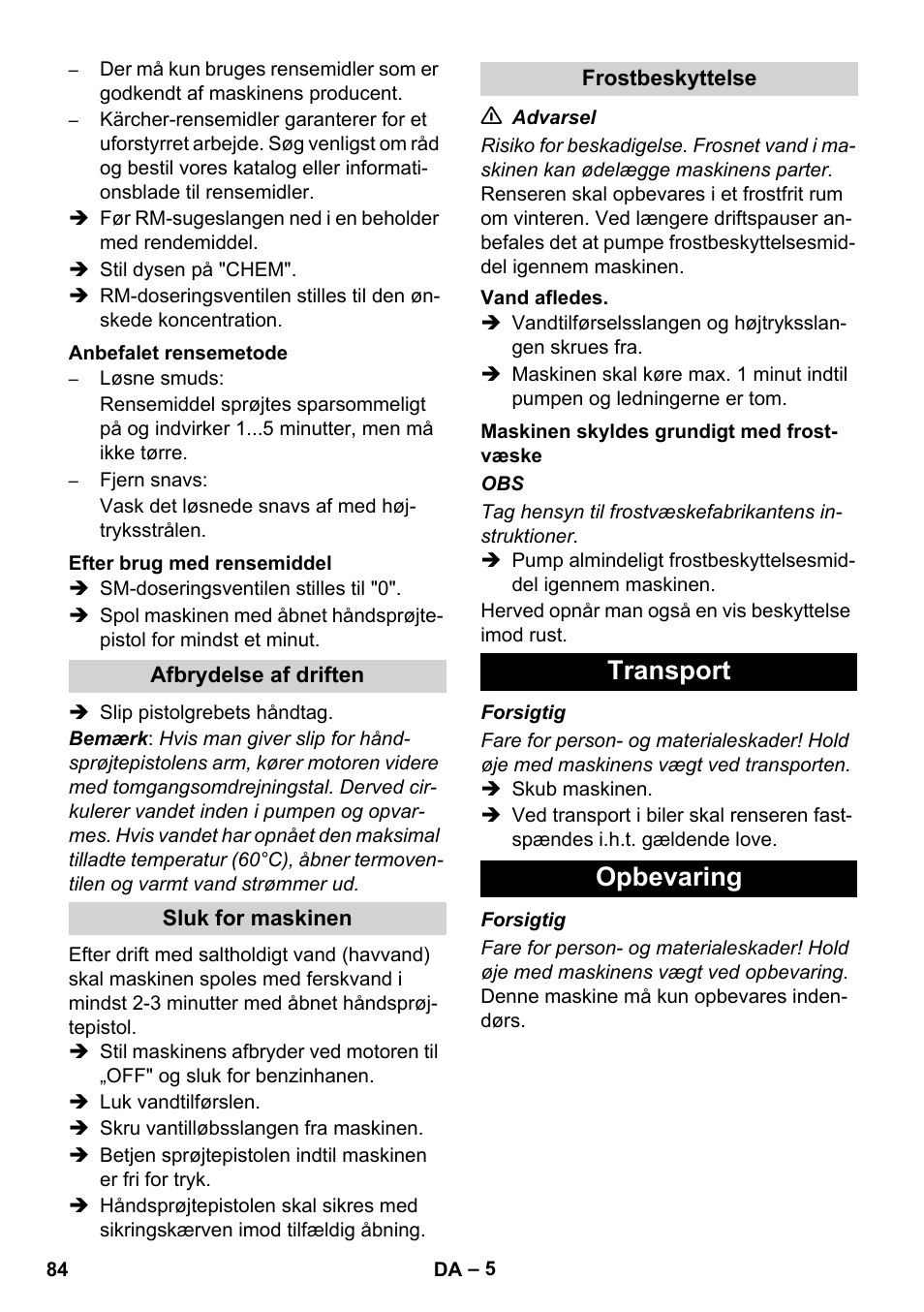 Transport opbevaring | Karcher HD 830 BS User Manual | Page 84 / 220