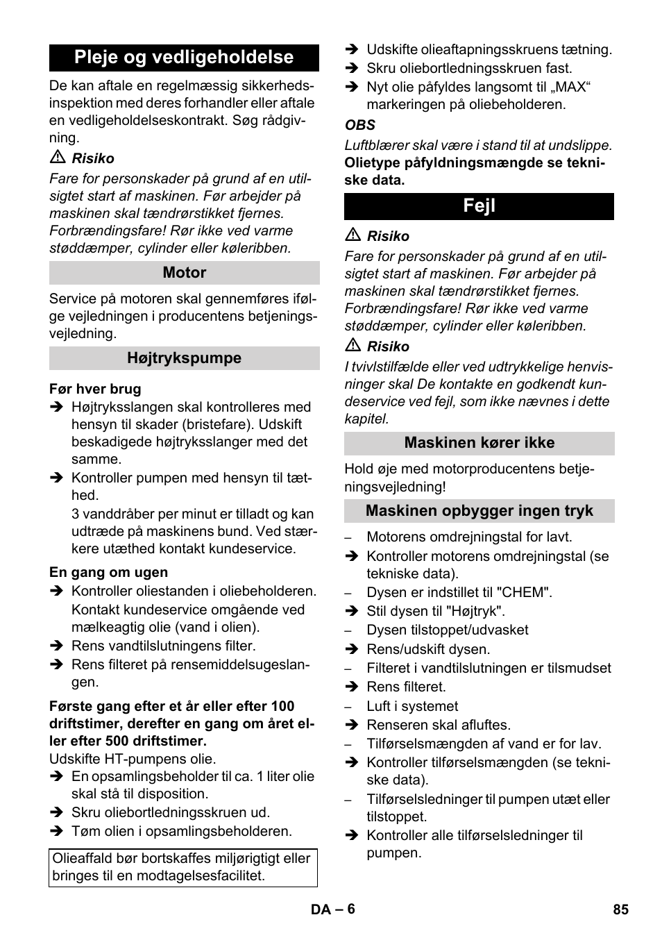 Pleje og vedligeholdelse, Fejl | Karcher HD 830 BS User Manual | Page 85 / 220