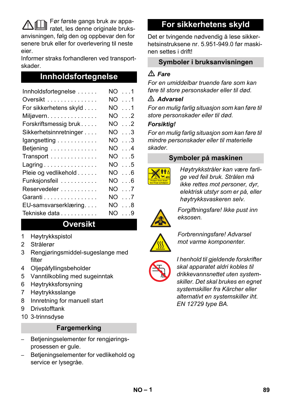 Norsk, Innholdsfortegnelse, Oversikt | For sikkerhetens skyld | Karcher HD 830 BS User Manual | Page 89 / 220