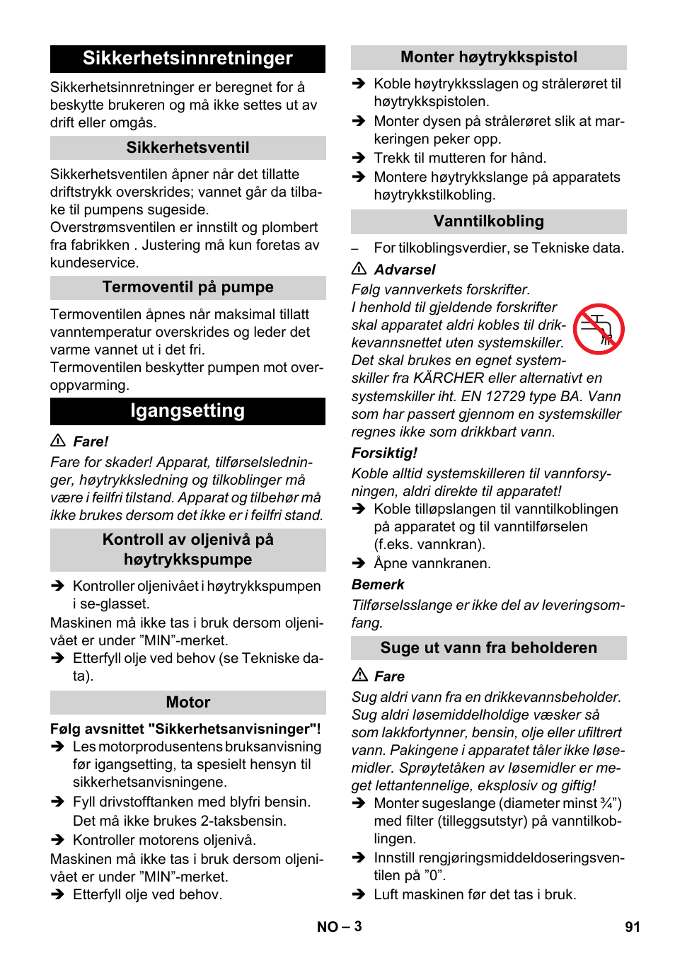 Sikkerhetsinnretninger, Igangsetting | Karcher HD 830 BS User Manual | Page 91 / 220