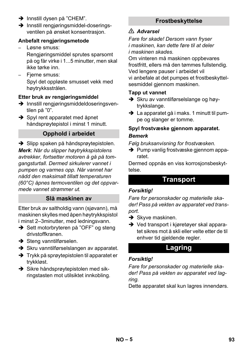 Transport lagring | Karcher HD 830 BS User Manual | Page 93 / 220