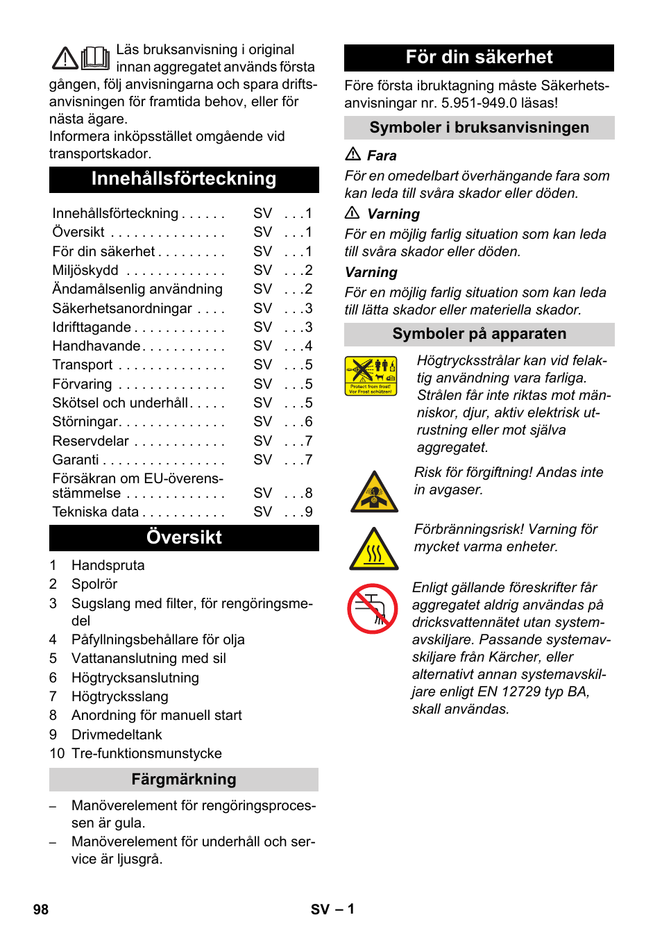 Svenska, Innehållsförteckning, Översikt | För din säkerhet | Karcher HD 830 BS User Manual | Page 98 / 220