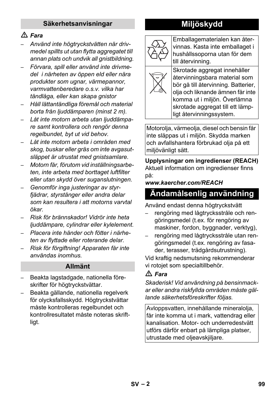 Miljöskydd, Ändamålsenlig användning | Karcher HD 830 BS User Manual | Page 99 / 220