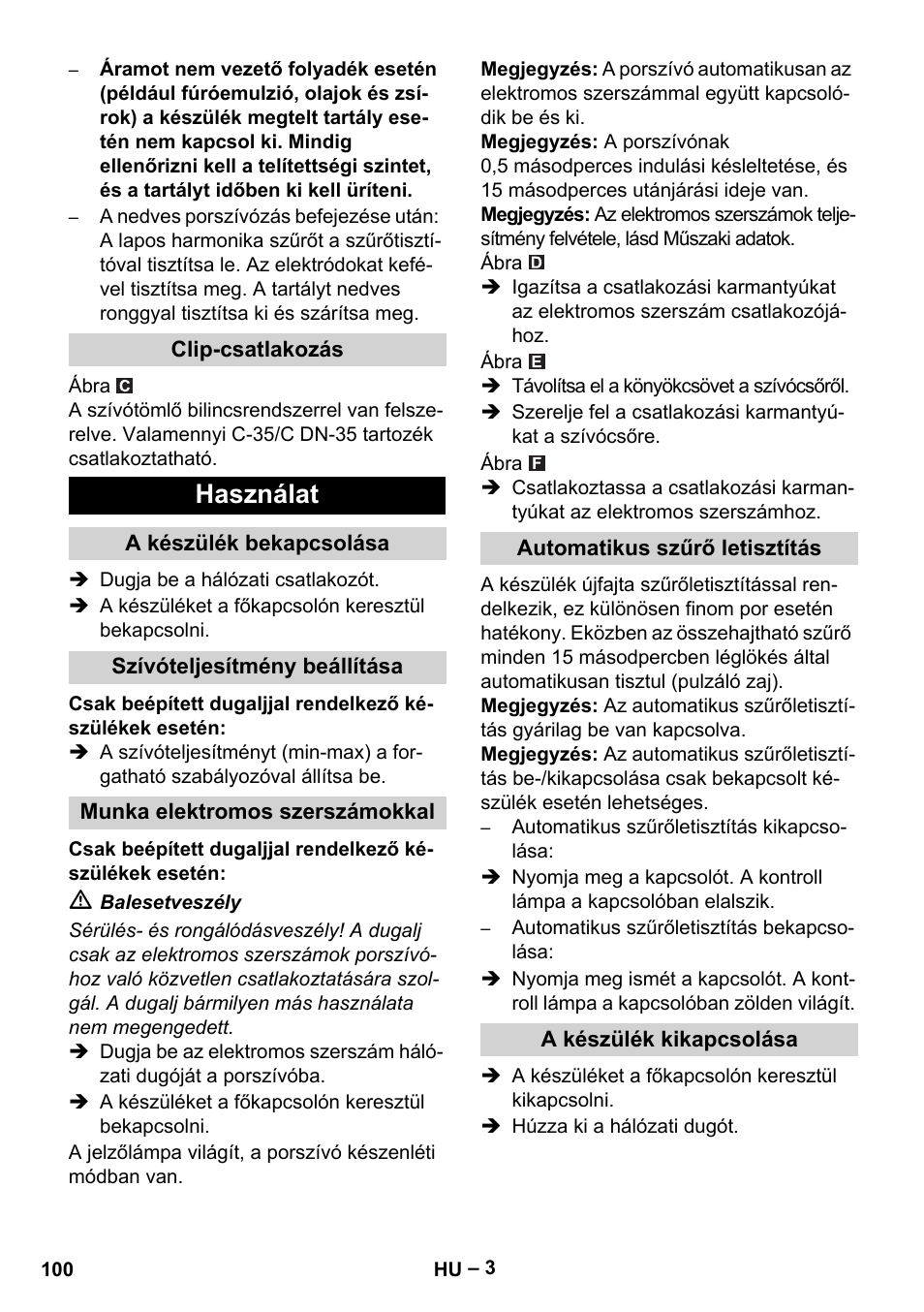 Használat | Karcher NT 40-1 Tact Te User Manual | Page 100 / 188