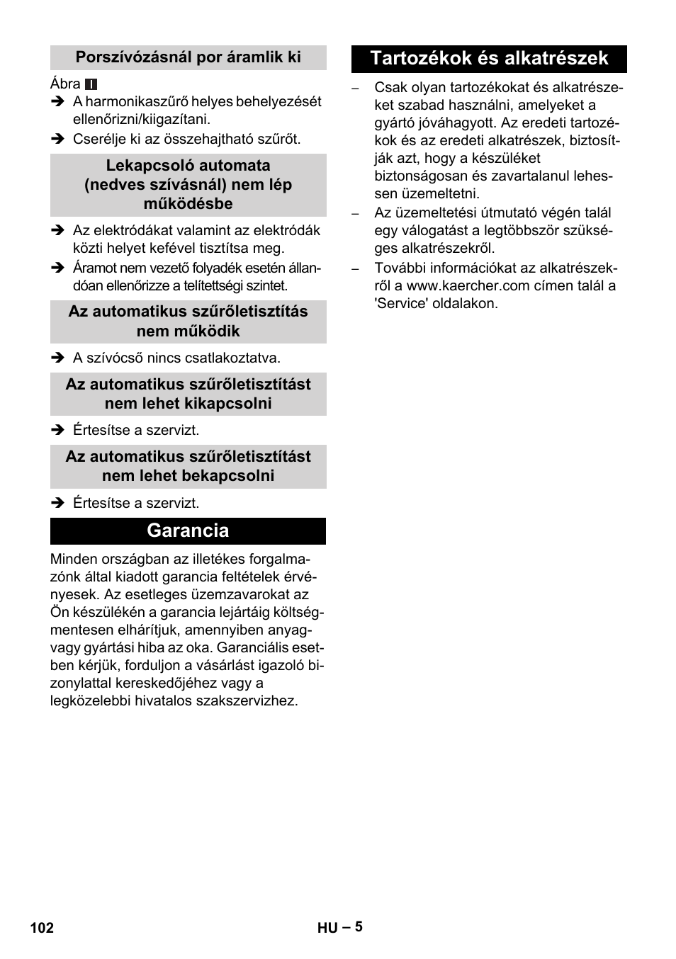 Garancia tartozékok és alkatrészek | Karcher NT 40-1 Tact Te User Manual | Page 102 / 188