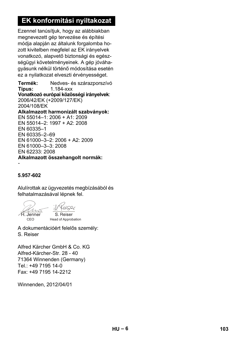 Ek konformitási nyiltakozat | Karcher NT 40-1 Tact Te User Manual | Page 103 / 188