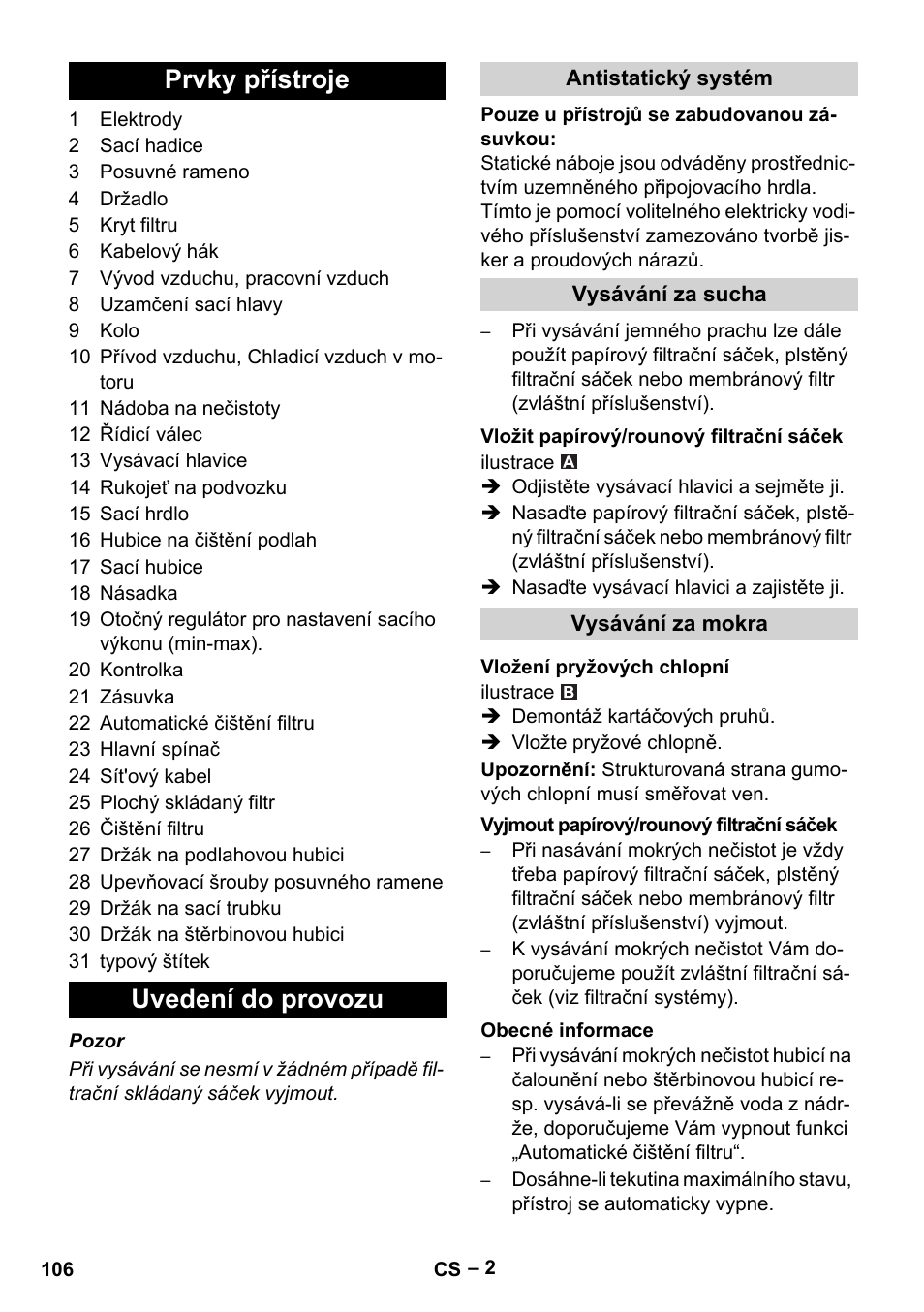 Prvky přístroje uvedení do provozu | Karcher NT 40-1 Tact Te User Manual | Page 106 / 188