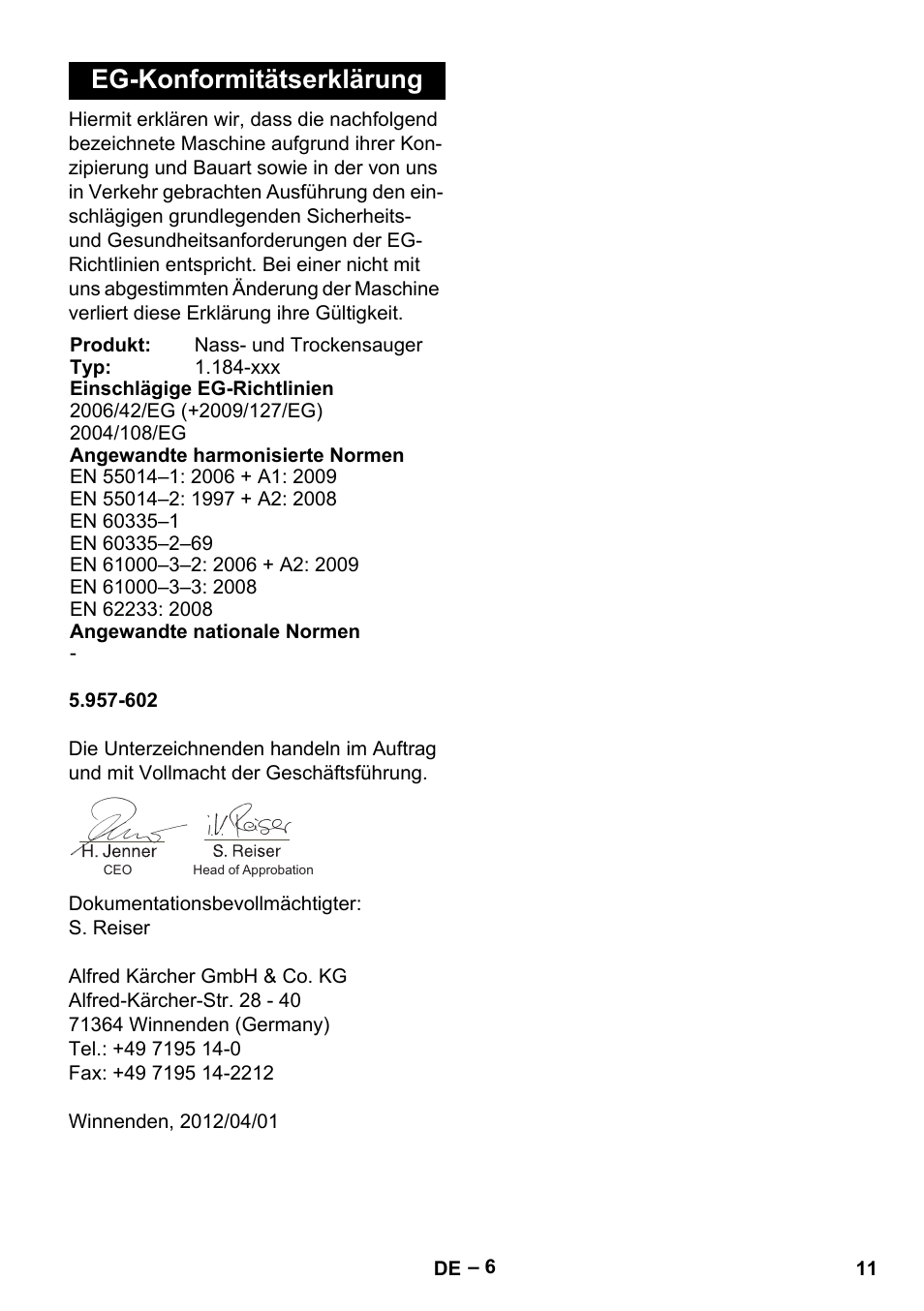 Eg-konformitätserklärung | Karcher NT 40-1 Tact Te User Manual | Page 11 / 188