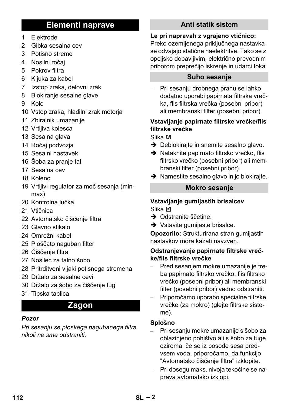 Elementi naprave zagon | Karcher NT 40-1 Tact Te User Manual | Page 112 / 188