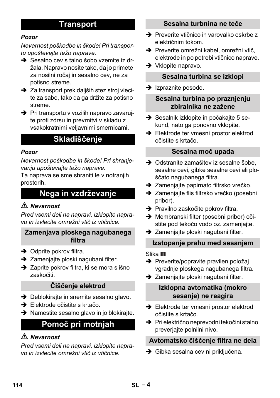 Transport skladiščenje nega in vzdrževanje, Pomoč pri motnjah | Karcher NT 40-1 Tact Te User Manual | Page 114 / 188