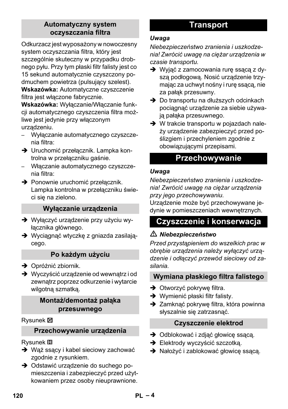 Transport przechowywanie czyszczenie i konserwacja | Karcher NT 40-1 Tact Te User Manual | Page 120 / 188