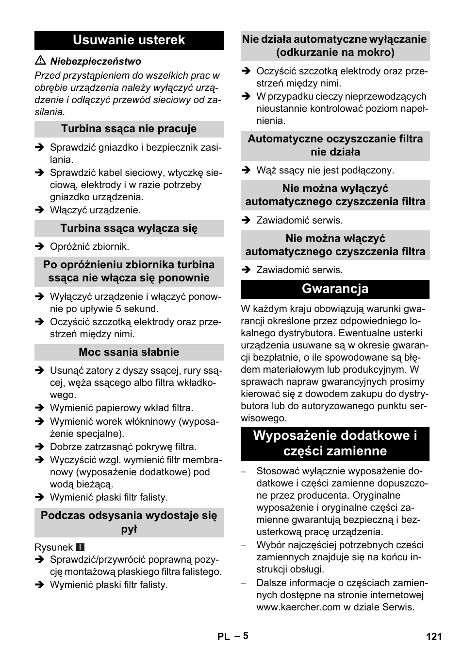 Usuwanie usterek, Gwarancja wyposażenie dodatkowe i części zamienne | Karcher NT 40-1 Tact Te User Manual | Page 121 / 188