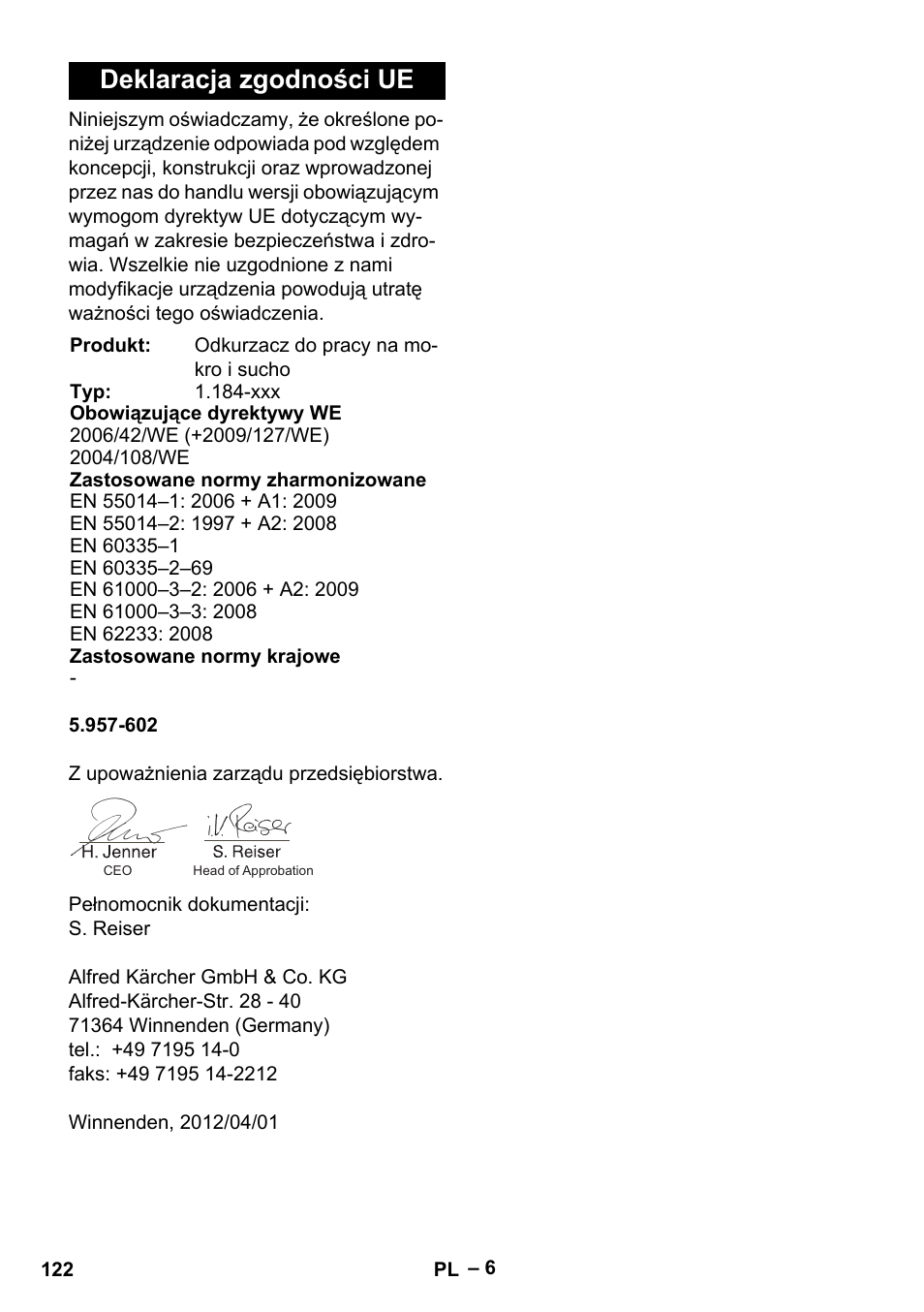 Deklaracja zgodności ue | Karcher NT 40-1 Tact Te User Manual | Page 122 / 188