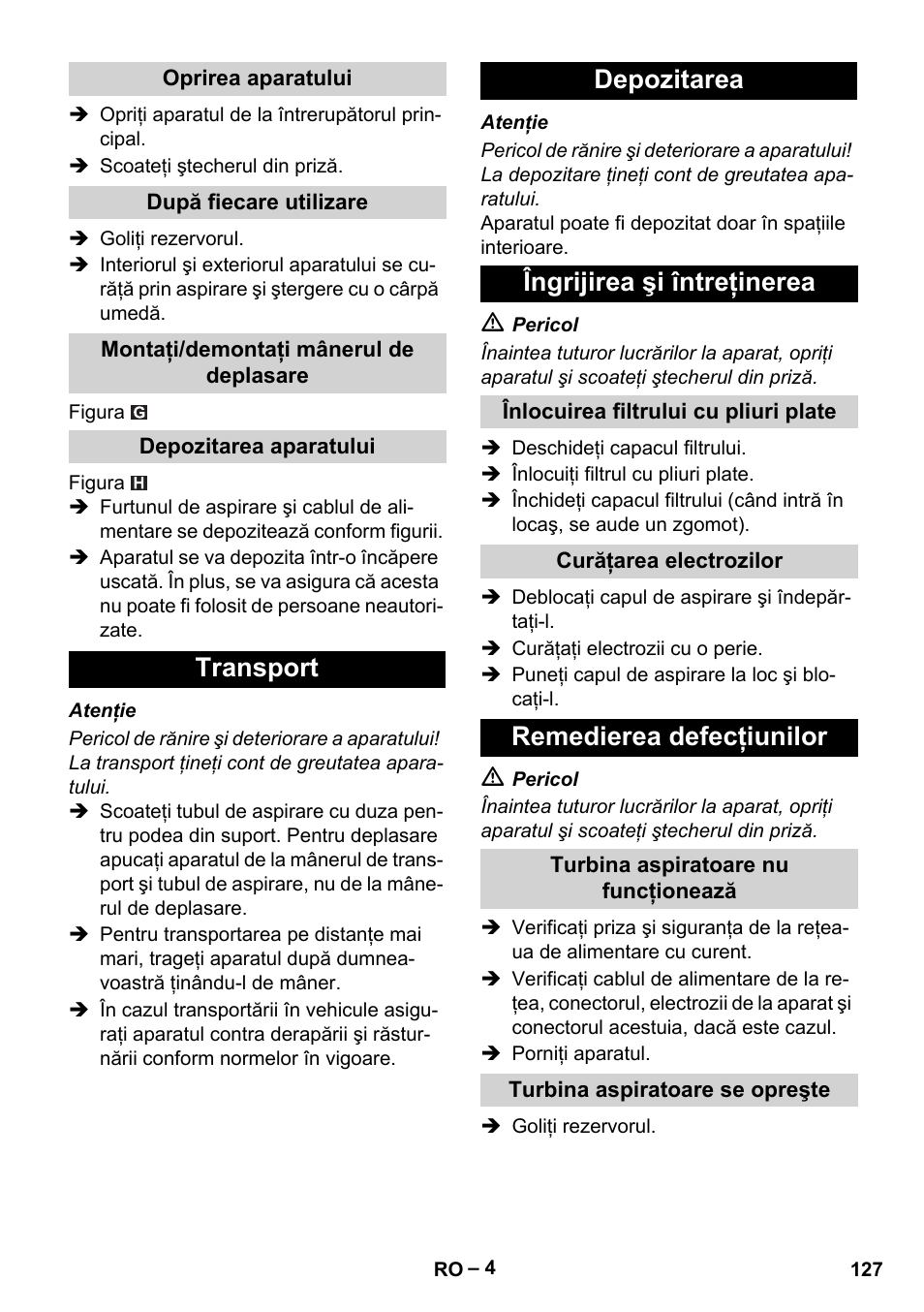 Transport depozitarea îngrijirea şi întreţinerea, Remedierea defecţiunilor | Karcher NT 40-1 Tact Te User Manual | Page 127 / 188