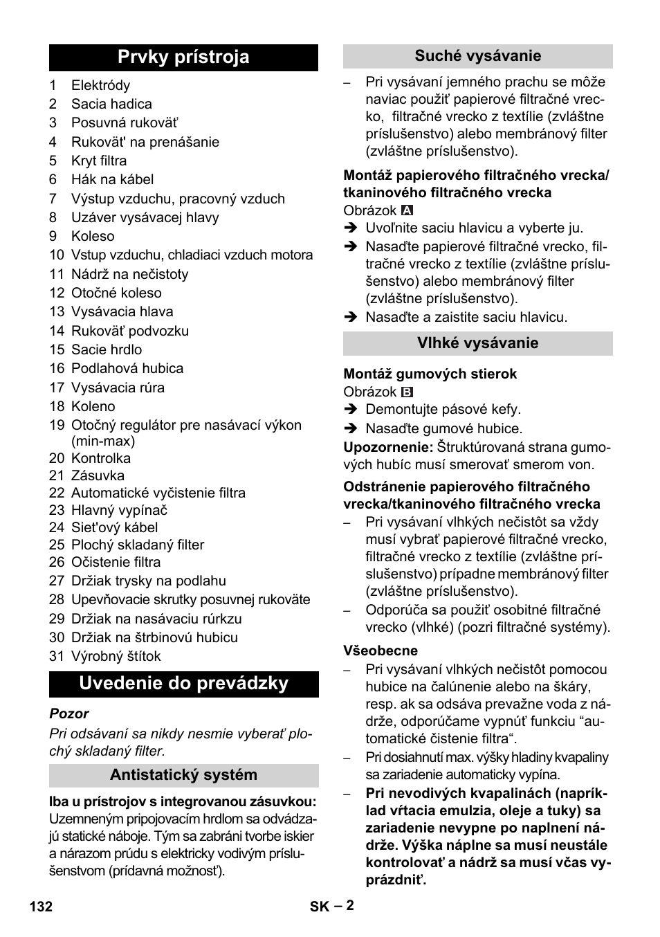 Prvky prístroja uvedenie do prevádzky | Karcher NT 40-1 Tact Te User Manual | Page 132 / 188